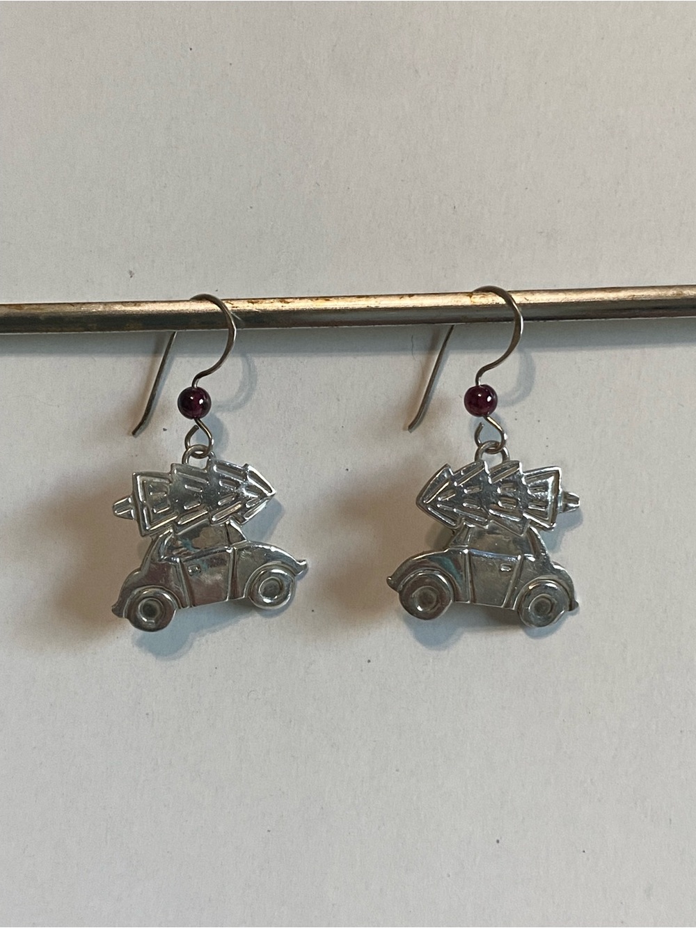 Vintage Sterling Silver VW Beetle Christmas Tree Earrings Holiday Red Bead